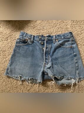 Levi's Frayed Hem Mid-Blue Denim Shorts